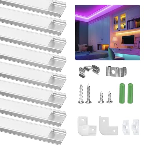 Ykall LED Aluprofil U-Form 8 x1m Set inkl. Zubehör für LED Streifen | U-Form Aluprofil 8x1m Set mit Diffusor & Zubehör. Inkl. Endkappen, Eckverbinder, Schrauben & Clips. Für Streifen bis 12 mm.