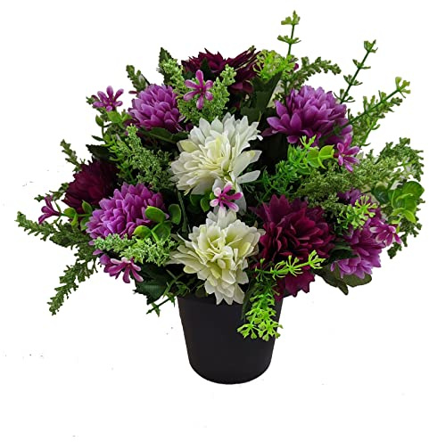 Permabloom Artificial Spikey Mum Flowers in Crem Grave Pot - Memorial Insert (Purple)