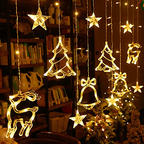 YUENFONG 138 LED Lichtervorhang Weihnachtsbeleuchtung Weihnachtsdeko Lichterkette mit Weihnachtsmuster & Sterne, 8 Modi mit Stecker, für Innen Außen, Hochzeit, Garten(Warmweiß)