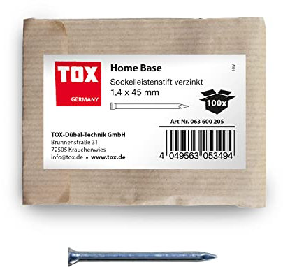 TOX Home Base clavos para zócalos azul galvanizadas con cabeza avellanada profunda en embalaje de papel reciclable, tamaño 1,4 x 45 mm, para fijar zócalos etc., 100 unidades, 063600205