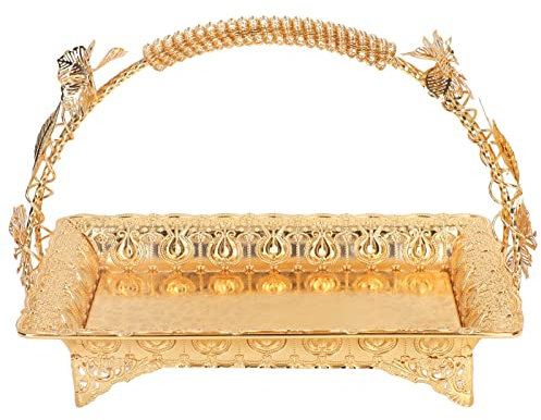 Bandeja de Servicio Vintage, Aleación de Zinc Dorada, Decorativa con Asas para Hogar, Bar, Café, Whisky, Postre, 30 x 20,5 cm