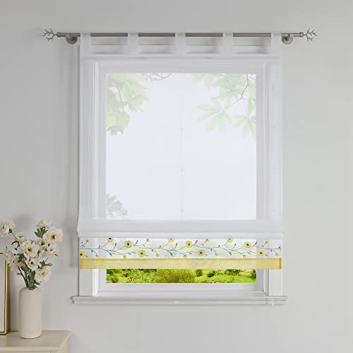 Heichkell Voile Raffrollo mit Schlaufen Transparent Schlaufenrollo Bestickte Raffgardine Landhausstil Rollo mit Blumen Gelb BreitexHöhe 60x150 cm