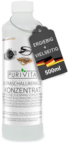 PURIVITA® Detergente per Pulizia Ultrasuoni [500ML] - Concentrato Pulitore Ultrasuoni per Occhiali, Gioielli & Protesi Dentali - Pulitrice Ultrasuoni - Ultrasonic Cleaner - Dispositivi ad Ultrasuoni