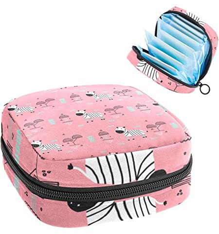 Pink Catoon Zebramuster Perioden-Tasche, tragbar, Tampon-Aufbewahrungstasche für Damenbinden, Mehrfarbig, 4.7x6.6x6.6 in/12x17x17 cm