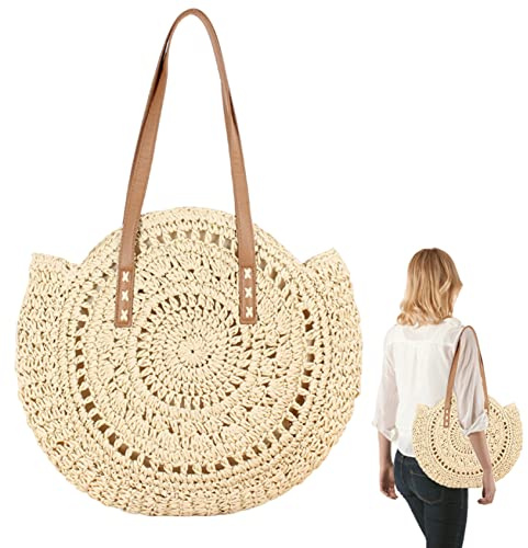 Obelunrp Strohstrandtasche, handgewebte Stroh Umhängetasche, runde Strandhandtasche, Sommertasche für Frauen Strandzubehör (Beige)