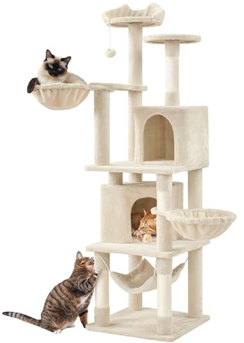 Yaheetech Arbre à Chat Géant Hauteur 175 cm avec 2 Plate-Formes Perchés 2 Paniers 2 Condos en Peluche Cordes en Sisal Beige
