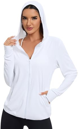 Malarocoby Veste de protection solaire UPF 50+ avec fermeture éclair intégrale et manches longues UV pour femme, blanc, Medium
