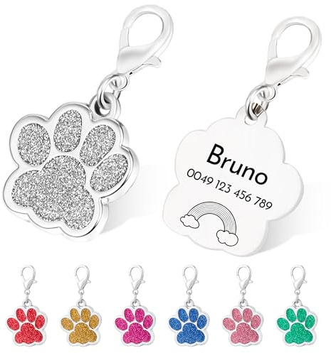 2er Pfotenform Hundemarke mit Gravur Glitzerpfote Plakette Silver Tiermarke Personalisierte Hundehalsband-Anhänger Adressanhänger für Hunde und Katzen