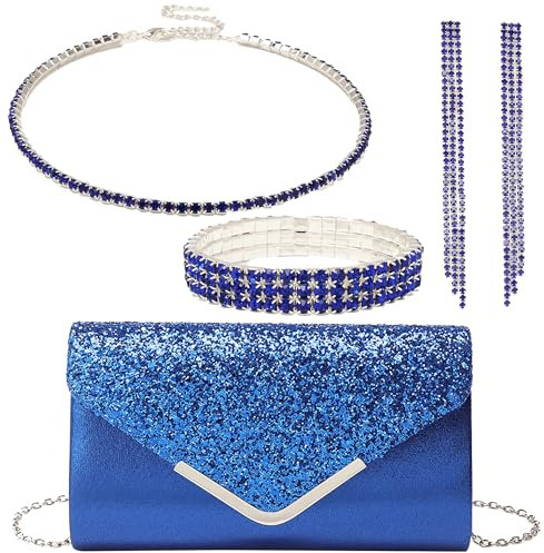 OUAYEMEL - Pochette à paillettes pour femme avec chaîne, sac à main de soirée, mariage, bal de promo, fête, épaule, élégant, lot de 4 bijoux à strass pour femmes, bleu, 9.84 x 2.56 x 5.91 inches
