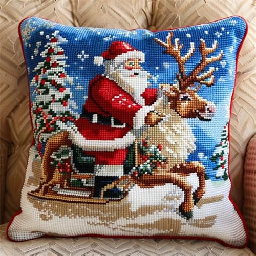 Lfynior DIY Kreuzstichkissen Weihnachten Stickkissen mit Muster 45X45cm Stickpackung Stickset Kreuzstich Kissen zum Basteln Stickkissen Stickpackung mit Vorgedruckt Kreuzstichmotiv