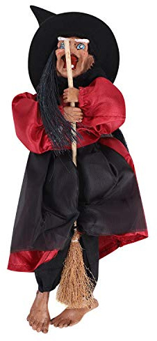 XINCHI Hexe Deko Halloween Hängende Hexenfigur mit Beleuchteten Augen und Besen Hexe Dekorationen Sprechende Halloween Dekorationen für Outdoor Bars Terrasse Spukhaus