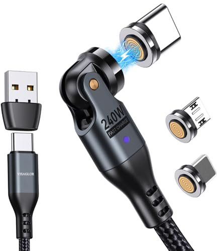 240W 9Pin USB C Magnet Ladekabel 1.8M, 6 in 1 USB C/A Ladekabel Magnetisch, 540°Drehung USB Kabel Magnetisch, 48V/5A Schnelllade Magnetisches Datenkabel für Typ C/Micro USB/i-Products/MacBook Pro