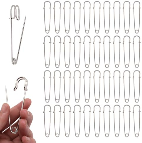 40Pcs Large Safety Pins, 3 Heavy Duty Safety Pins, Metal Giant Safety Pin for Clothes, Leather, Diapers, Wool, Canvas, Blankets, Kilts (Silver)