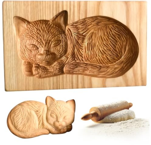 Jorzer Plätzchenformen Katzen-Ausstechform 3D-geschnitzter Keksstempel aus Holz für Küche Backen DIY-Presse Prägung Basteln Ausstechform für Kekse Fondant Schokolade Ton Backformen