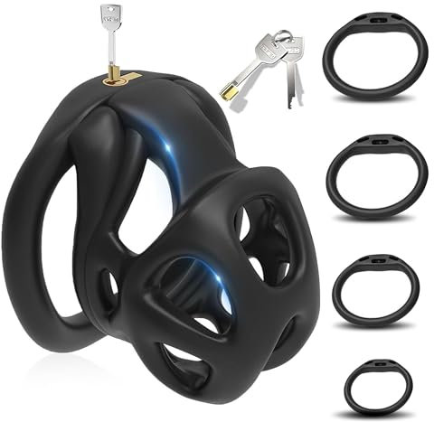 QgLust Peniskafig Chastity Cage Keuschheitskäfig Herren aus Harz Cock Cage SM Fetisch Extrem Penies Bondage Atmungsaktiv Penis Kafig Keuschheitsgürtel Sex Spielzeug für die Männer Mit 4 Penisringe (S)
