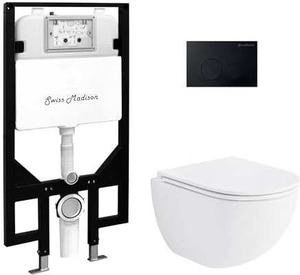 Swiss Madison St. Tropez Wall-Hung Toilet Bundle 0.8/1.6 GPF Dual Flush in Glossy White with Black Flush Plate