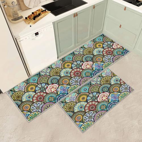 Küchenteppiche 2 Stück,Vintage rutschfest Waschbar Dauerhaft Küchenläufer Flurläufer, Anti-Müdigkeit Küchenteppich Teppich Läufer für Küche,Carpet für Badezimmer/Wohnzimmer Flur (N, 43x75+43x150cm)