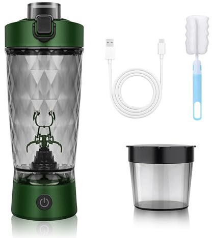 MeYuxg Elektrischer Protein Shaker, 650ml Kabelloser Sport Shaker mit Mixfunktion, Automatischer Mixbecher mit Pulverbehälter & Reinigungsbürste, für Sport, Fitness und Reise-Grün
