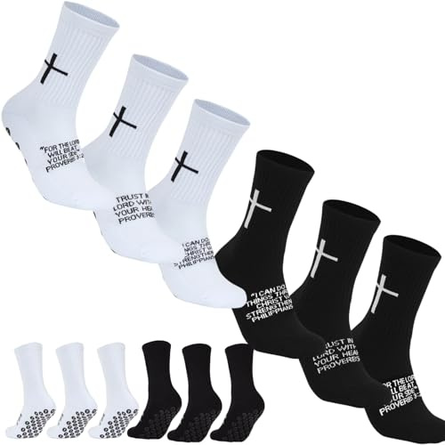 Meudid 6 Pairs Cross Grip Soccer Socks for US 6-13 - Anti-Slip Christian Socks with Bible Verse, Jesus Sports Sock for Football Training
