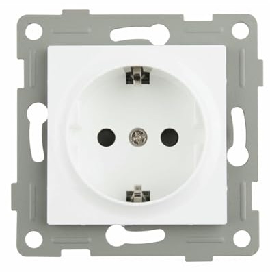 Base empotrable blanca con enchufe, características técnicas de alto rendimiento; ideal para instalaciones eléctricas y conexiones en espacios reducidos.
