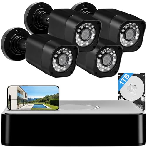 1080P Wired Security Camera System, AIWIXEN 8CH CCTV Surveillance DVR with 1TB Hard Drive, 4 x Home 5MP Wired Security Cameras Outdoor with Human Vehicle Detection, IP68 Waterproof, Remote Access