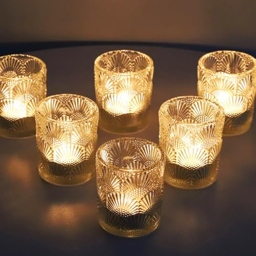 Vohocandle Ginkgo Biloba Teelichthalter Glas mit 12, Klare Teelichtgläser Vintage als Raumdekoration, Herbst Teelichter Gläser als Windlichter Hochzeit, Zimmer und Geburtstagsfeier(5.5 cm x 6.5 cm)