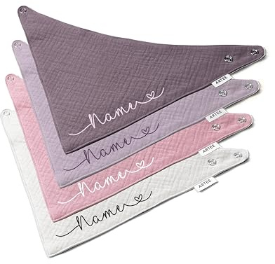Personalisiertes Halstuch Set mit Name für Babies und Kleinkinder aus 100% Musselin Baumwolle jeweils in Größe S oder Größe M, 4 Stück Set