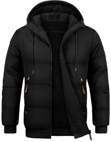 TOMEEK Chaqueta Hombre Invierno con Capucha Cálido Abrigo Hombres Cazadora Acolchada Forro Polar Casual Chaquetas con cremallera y Bolsillos Cómoda Cortavientos(Negro,XL)