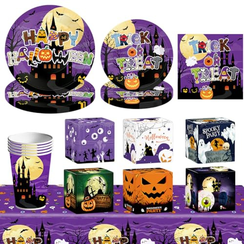 Set De Vaisselle Halloween Pour 10 Personnes - Décoration De Table Effrayante Avec Nappe Assiettes Verres Serviettes Et Boîte à Bonbons Accessoires Pour Fête d'Halloween Et Anniversaire