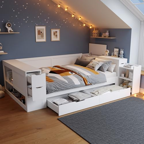 Zravenna Modernes Doppelbett 140x200 cm mit Stauraum, für Jugendzimmer, Stauraumbett mit Schubladen, Regalen und Nachttisch, Bett mit Lattenrost, Ohne Matratze.(Weiß)