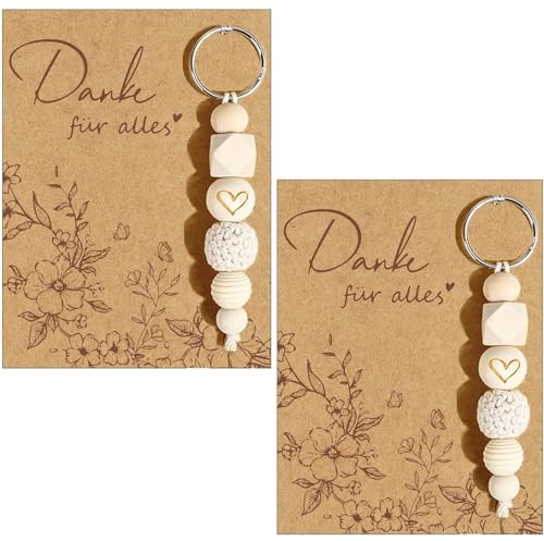 Xinfin Dankeschön Geschenke Schlüsselanhänger mit Karte, Klein Danke Geschenk, Holz Perlen Schlüsselanhänger Freundin Lehrerin Kollegin Abschiedsgeschenk