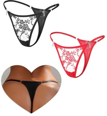comeondear Tangas Sexy Mujer de Encaje Tanga Hilo con Strass Mini String Transparentes Thong Lace Brasileñas Talla Grande Cintura Baja Ajustables Ropa Interior Elástica Slip Underwear 2-Negro+Rojo,M