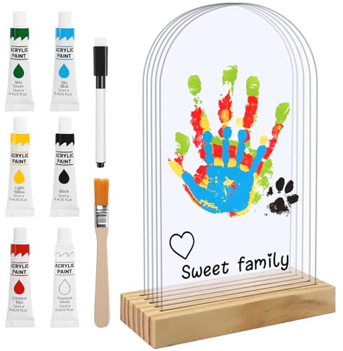 TPVUPC Cornice Decorativa Kit Impronte Famiglia per 5 Persone, 5 Pannelli piastra in acrilico, 6 Colori Base In Legno, Impronta Mani e Piedi Neonati Ideale per Regali di Nascita, Nuovi Genitori