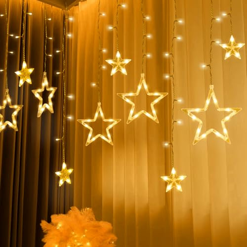 SMITHROAD Lichtervorhang 12 Sterne 138er LEDs Lichterkette 31V Weihnachtslichter 8 Modi Sternenvorhang mit Timer für Innen, Weihnachten, Party, Hochzeit, Garten, Balkon, Fenster Deko, Warmweiß