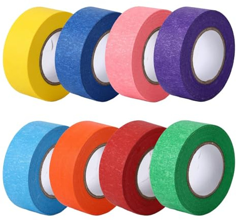 Harnovlis 8 Rolls Coloured Masking Tape Set - 1.5cm x 13m Washable Adhesive for Crafts & Office Labelling