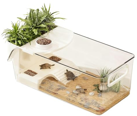 Acuario De Tortugas - Terrario Grande De 28,5x14,5x13cm Con Plataforma Para Tomar El Sol, Tanque Acuático De Alimentación De Tortugas | Hábitat De Reptiles Para Animales Pequeños Salamandras Cangrejos