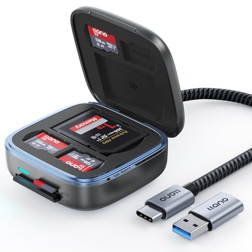 llano SD&Micro SD Card Reader Adapter, TF 3.0 Memory Card Reader Holder with 6-Slot Cards Storage, Plug&Play, F18 2-in-1 USB C 3.0 Smart Card Reader for Mac, Windows, Android and Linux, Black