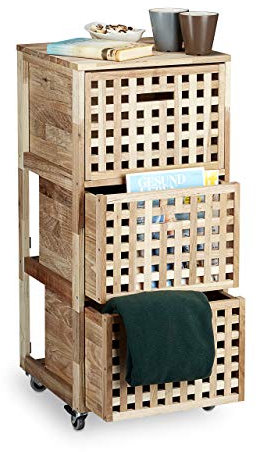 Relaxdays Rollcontainer Holz mit 3 Fächern Walnuss HBT: ca. 91,5 x 40,4 x 40,4 cm Utensilienwagen Rollregal Wäschebox Holz Schrank rollbarer Schubladenschrank, natur