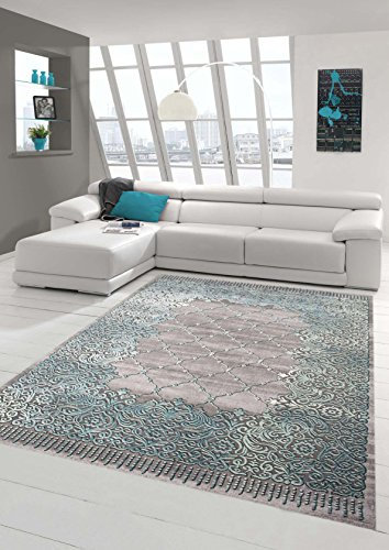 Teppich-Traum Designerteppich Moderner Teppich Wohnzimmerteppich Kurzflor Bordüre und Ornamente mit Konturenschnitt in Grau Türkis, Größe 80x150 cm