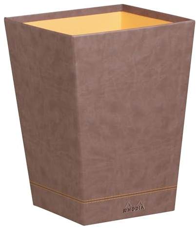 RHODIA 318823C - Corbeille à Papier Chocolat - 24 x 24 x 32 cm - Piqûres Sellier Orange - Extérieur Simili Cuir - Collection Home Office Rhodiarama - Organisation de Bureau & Rangement Design