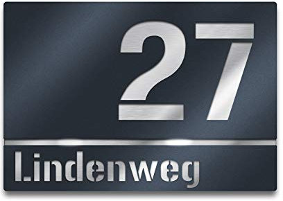 Metzler Hausnummer Edelstahl, individuelles Hausnummernschild in Anthrazit, Straßenschild mit Hausnummer, rostfrei und gebürstet, 3D-Effekt, einfache Montage, Made in Germany, Größe: 25 x 17,5 cm