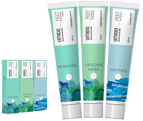 UMIDO 3 Stück Set Fuß-Creme Set 45 ml | 1x Rosmarin | 1x Latschenkiefer | 1x Menthol | Fußbalsam | Fußlotion | Pflegecreme | Fußpflegecreme | Creme