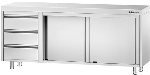 VM Europa - Edelstahl Arbeitsschrank - 180 x 70 cm - AISI 430 Legierung - Mit Schiebetüren - Aufkantung und Schubladenblock Links - Küchenmöbel Gastro Schrank Edelstahlschrank