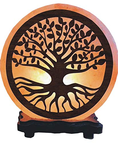 Roccioso con motivo albero della vita con base in legno di alta qualità, puro cristallo himalayano naturale rosa/arancione olistico organico deumidificatore terapeutico