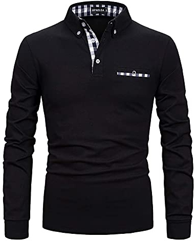 APAELEA Polotröja för män långärmad bomull golf t-shirt vardagliga toppar, Svart, XXL
