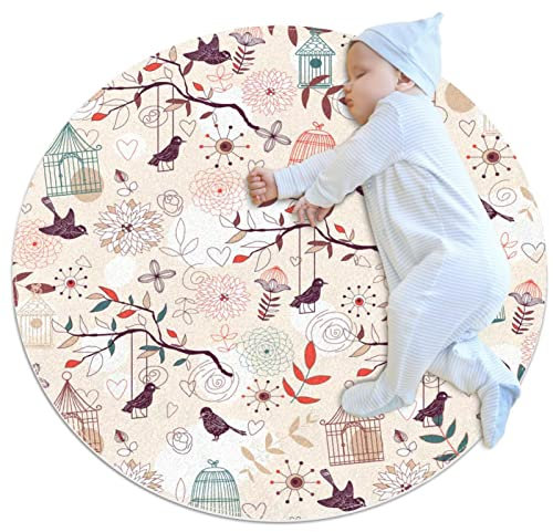 Kleiner Teppich für Badezimmer, Vögel und Vogelkäfig-Zweige, rutschfest, für Sofa, Schlafzimmer, Kinderzimmer, Dekoration, rund, 1 m Durchmesser