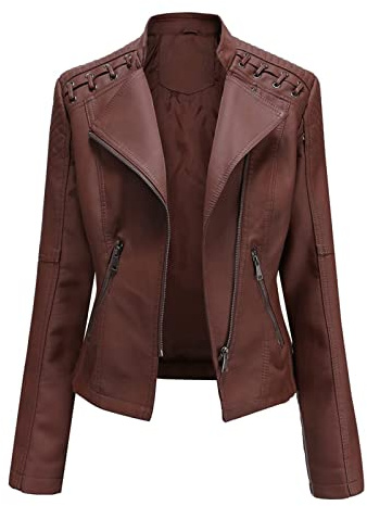 MODFUL Women's Faux Leather Moto Jacket Casual Short Solid Color PU Biker Coat with Pockets(Brown,Large)