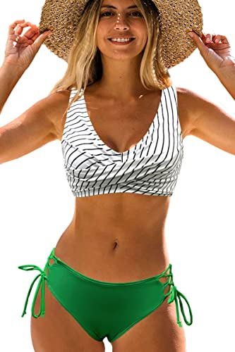 NLAND Bikini Mujer Push Up Cuello en V Traje de Baño 2 Piezas Conjunto Top y Braguitas de Bikini con Estampado Floral Bañadores Reductores Ropa de Playa(Rayas Verdes,S)