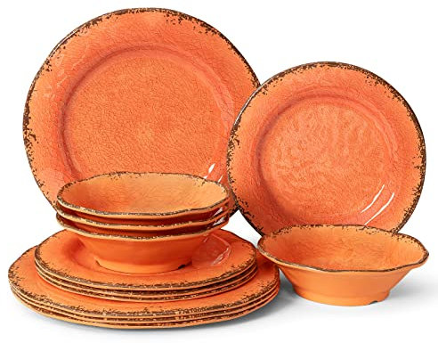 LEHAHA 12 Piece Melamine Tableware Set, Shatterproof and Durable, Rustic Plates and Bowls, Perfect for Patio and Outdoor Activities