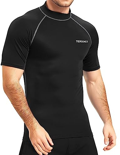 TERODACO Rash Vest Mens Short Sleeve UV 50+ Swimming Shirts for Men Compression Sweat Wicking Rash Guard Mens Base Layer for Wetsuit Diving Surfing,Quick Dry Lightweight Stretchy 222 Black Grey XL